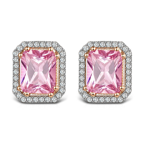 Rhodium plated 925 Sterling Silver Rectangular Modern Lady Stud Earring, Pink.